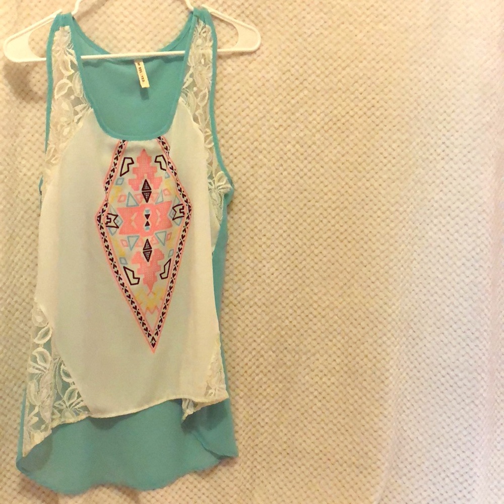 Blue and white patterned tank top with lace